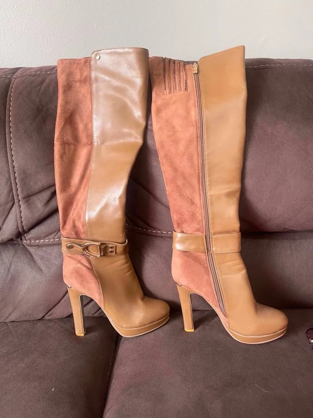 Italina Brown Two-Tone Knee-High Heeled Boots